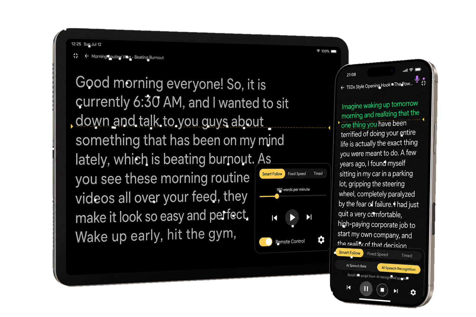 Simplr Teleprompter AI voice follow and playback modes across a tablet and phone